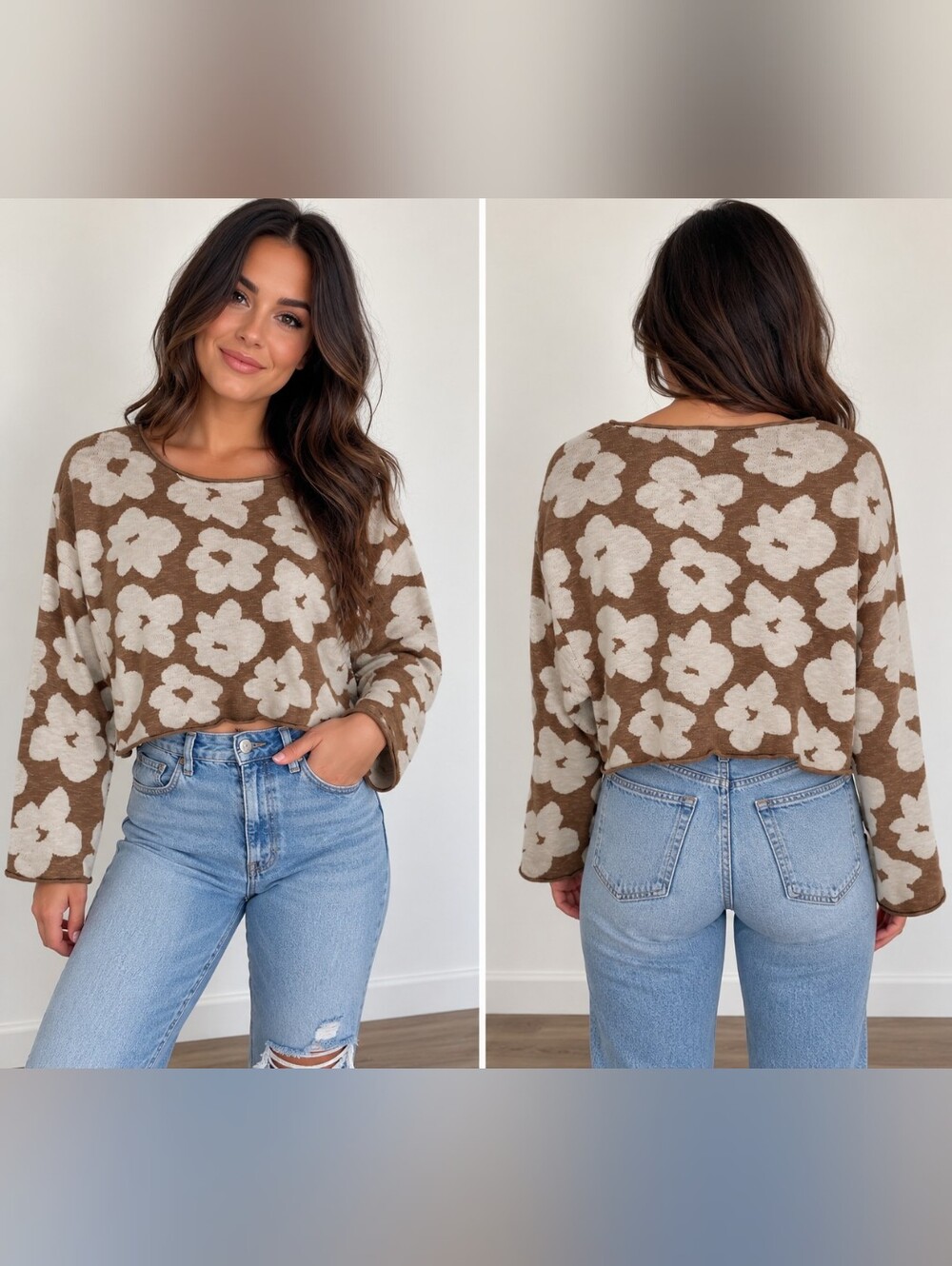 Promesa Floral Cropped Knit Sweater Brown Cream Size Small